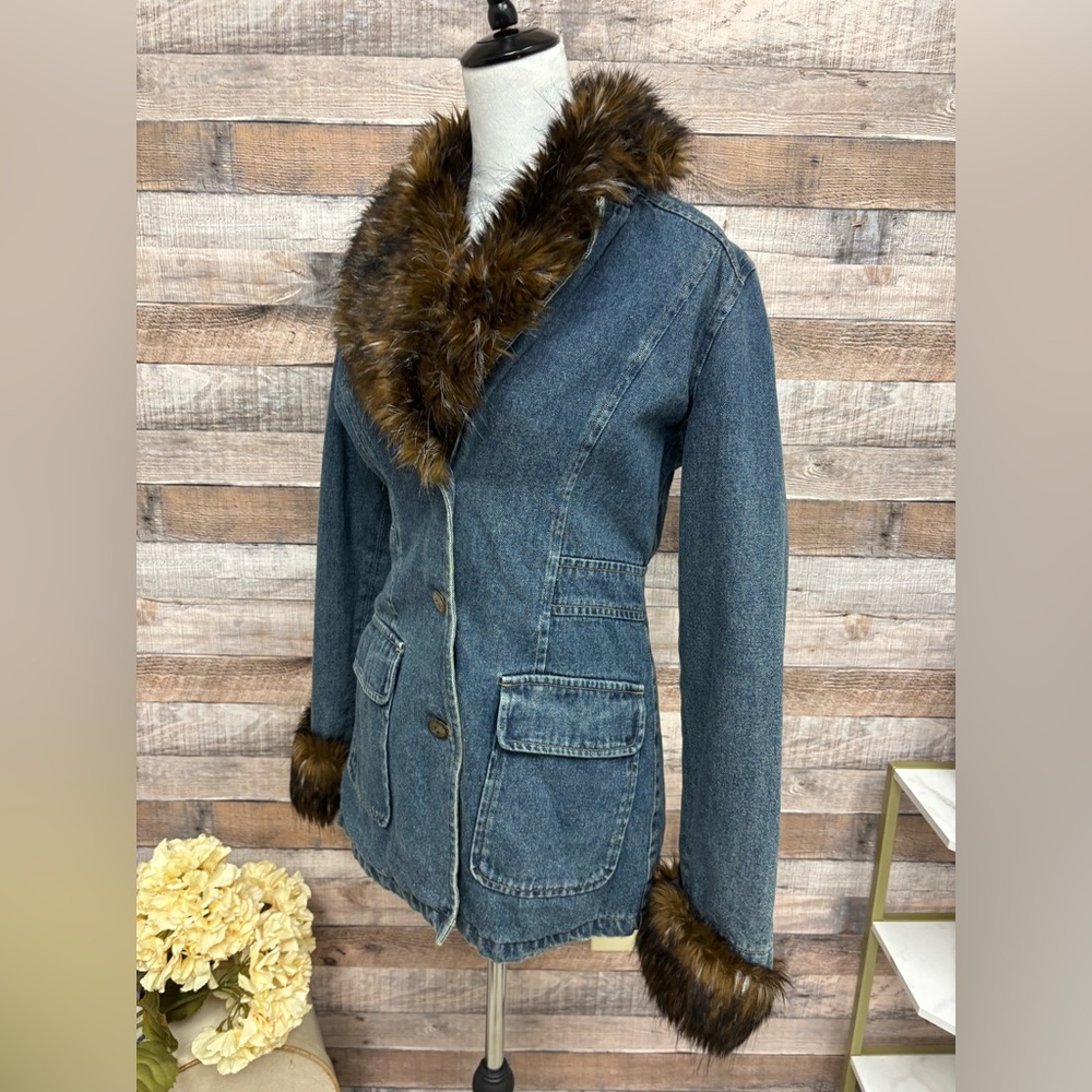 Guava Gallery & Comp Denim Blazer Faux Fur Trim Small - Picture 4 of 6